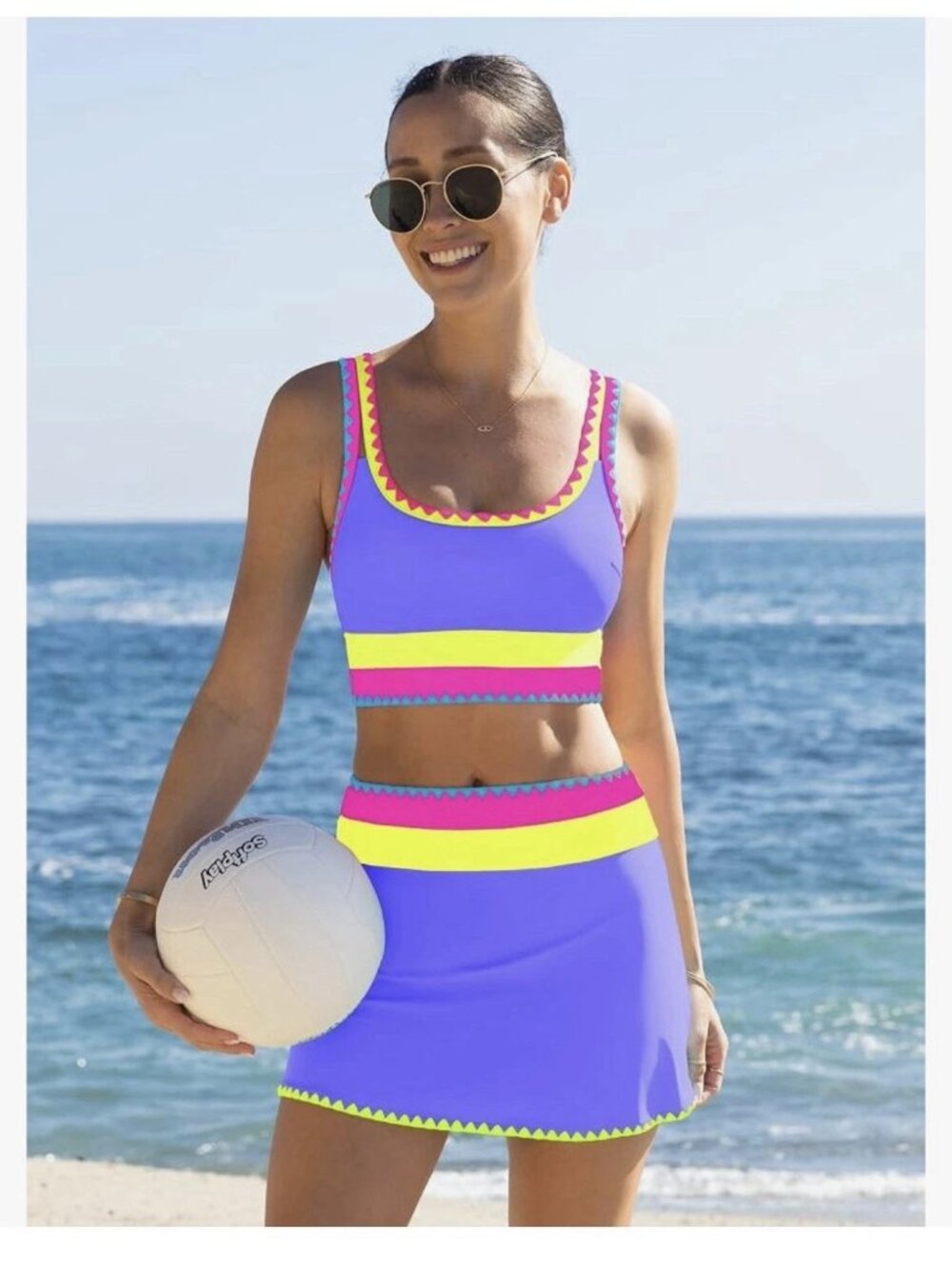 POPVIL Vibrant Purple Yellow Pink Bikini Top & Skirt – Large